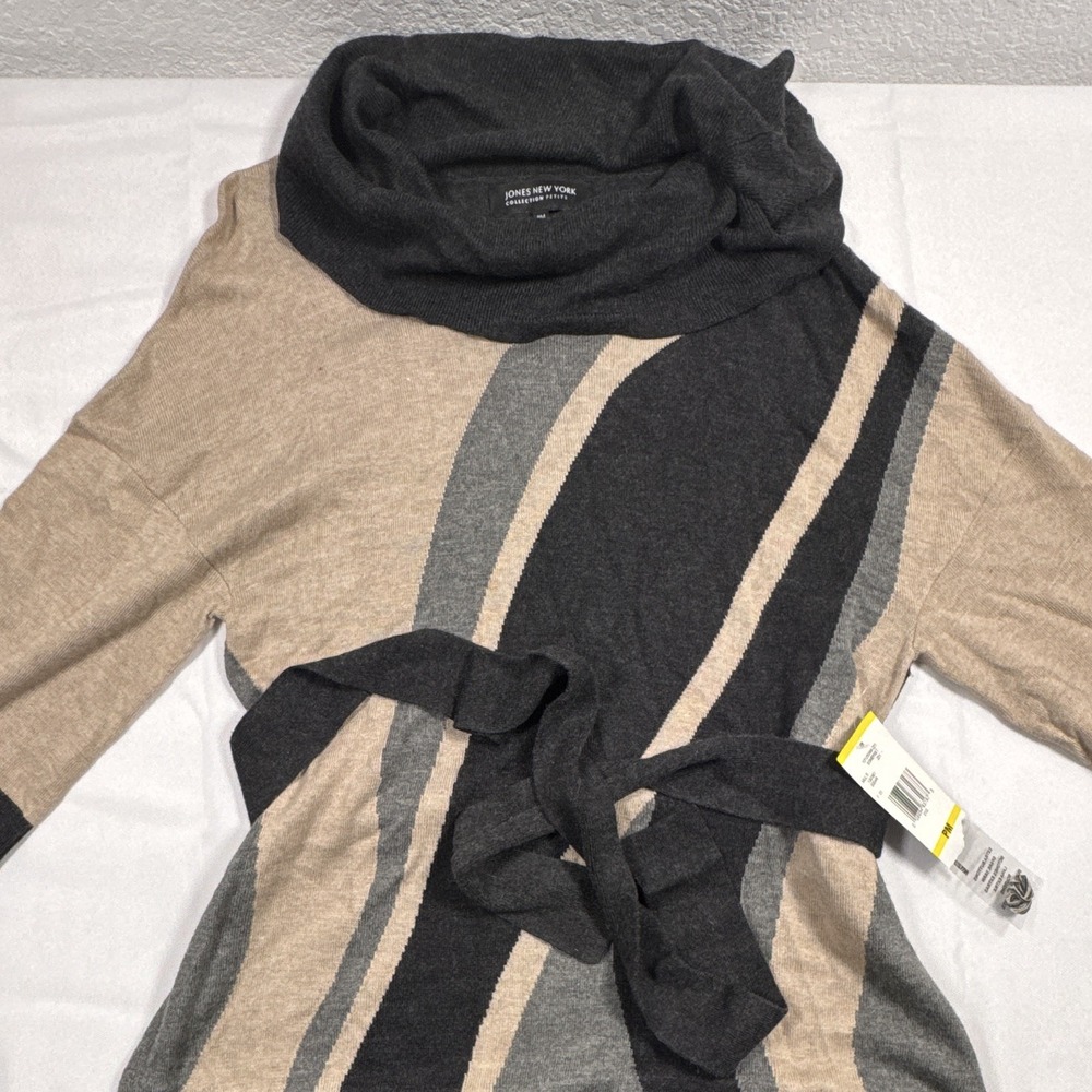 Jones New York Knit Striped Cowl Neck Belted Tunic Sweater PM 3/4 Sleeve